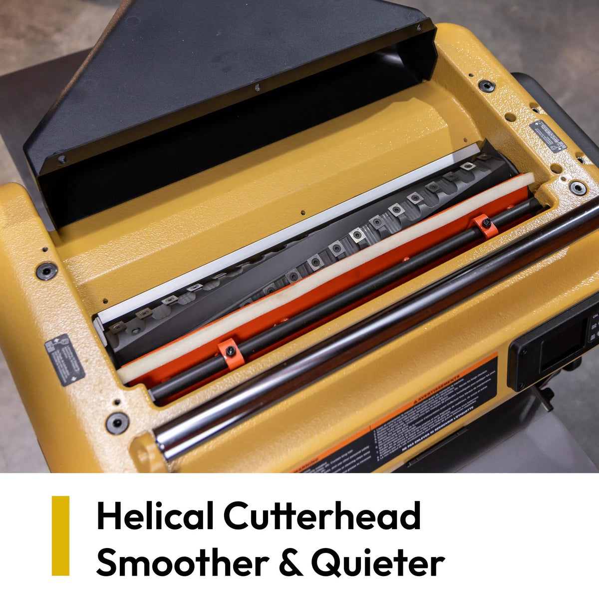 Four-row helical cutterhead with 68 carbide inserts on the Powermatic 209BHH