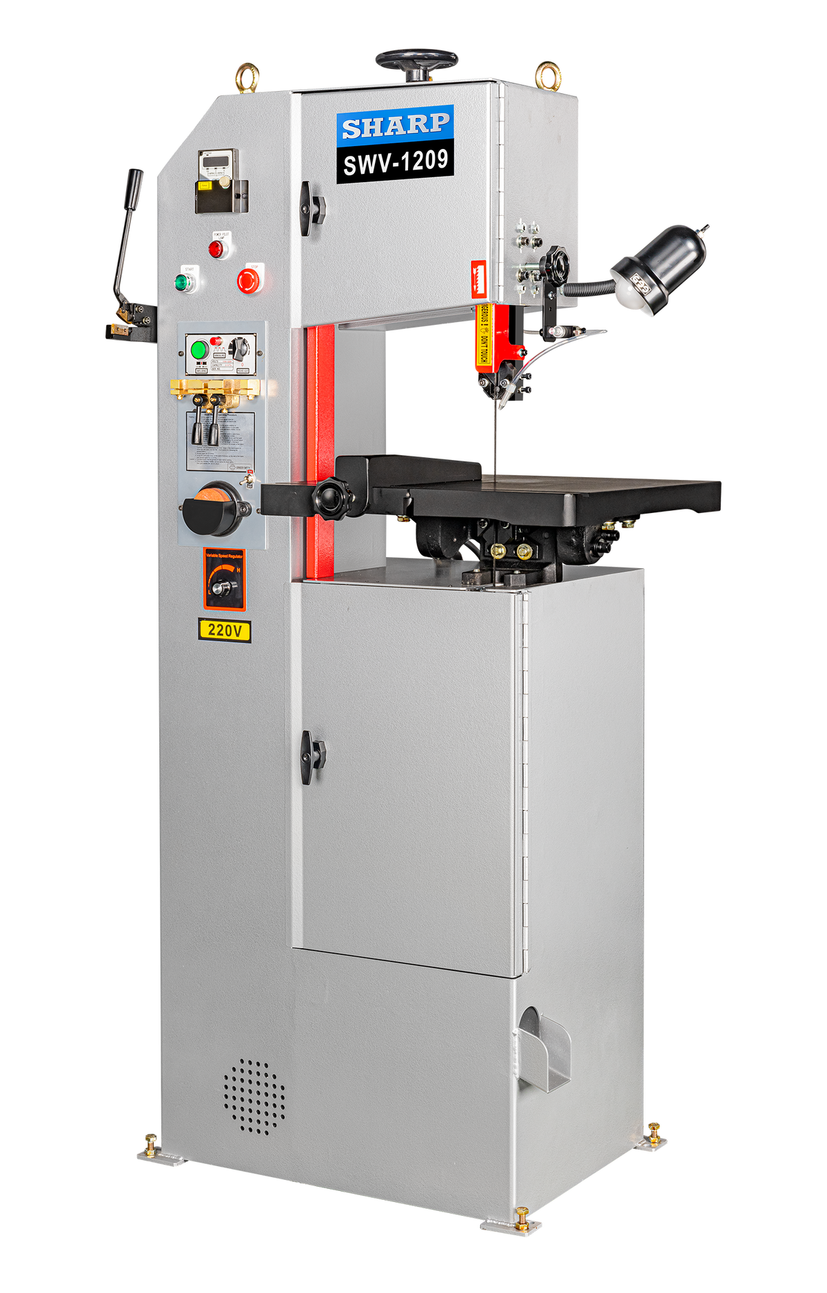 Sharp SWV-1209 vertical contour band saw with cast iron table and blade welder