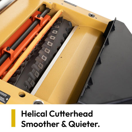 Four-row helical cutterhead with 48 carbide inserts on the Powermatic 15BHH