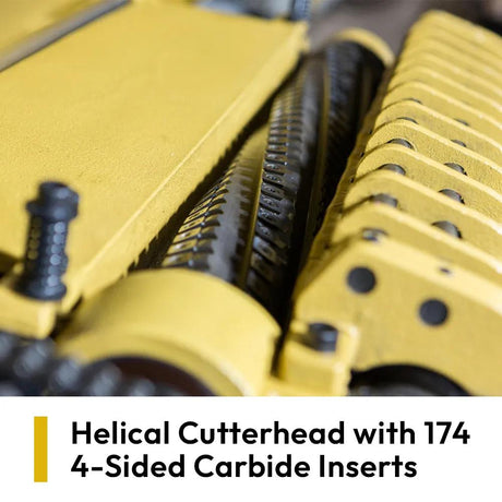 Solid steel helical cutterhead with 174 carbide inserts on the Powermatic WP2510