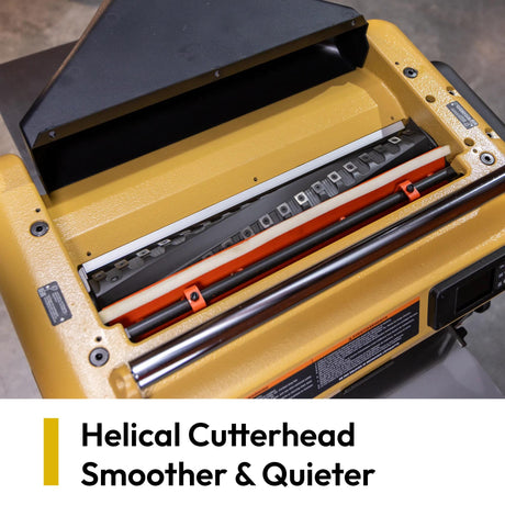 Four-row helical cutterhead with 68 carbide inserts on the Powermatic 209BHH