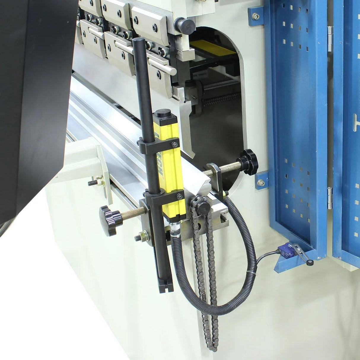 Light curtain emitter and lower die clamp on the Baileigh BP-3305CNC