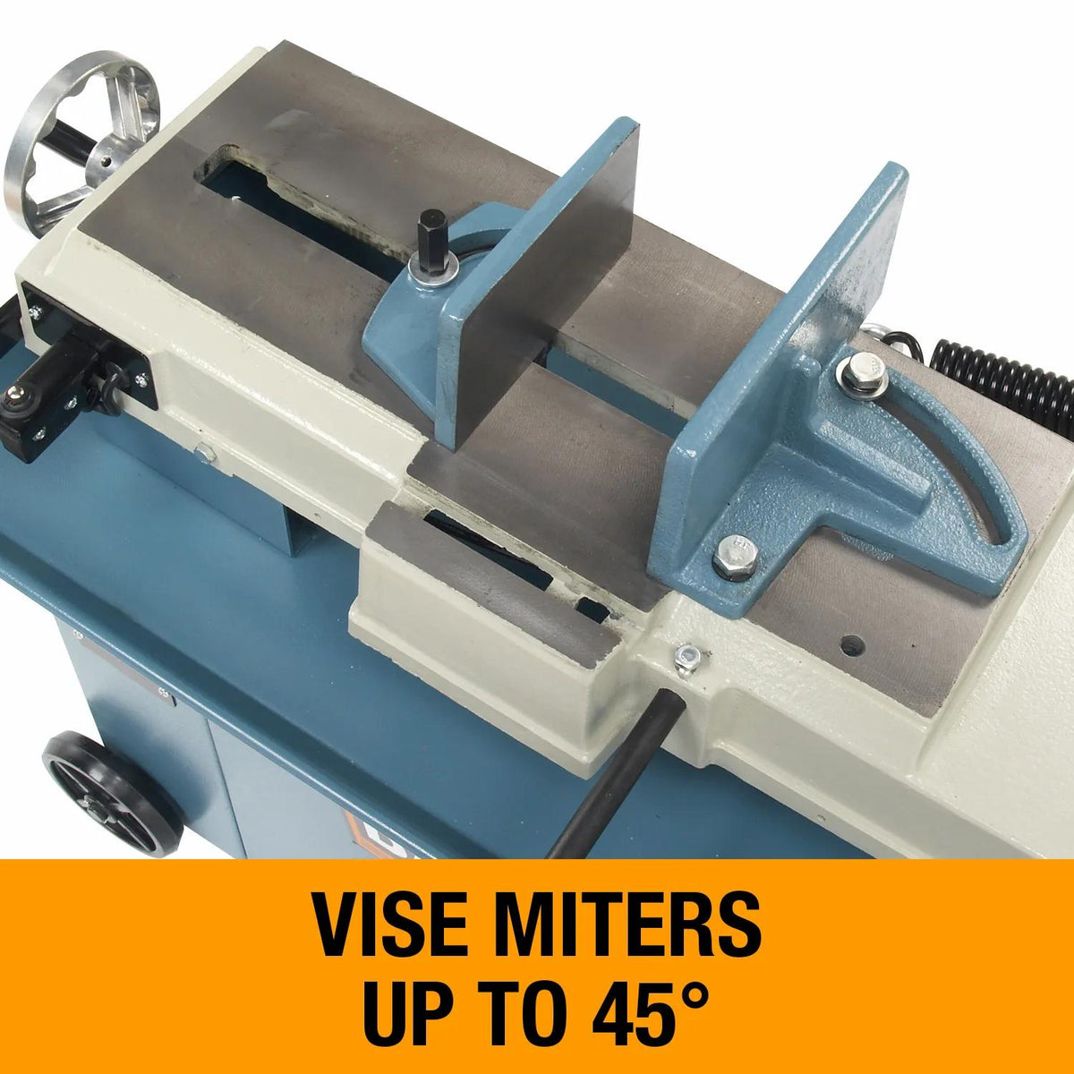 Front and rear vise jaws hold material secure on the Baileigh BS-712M