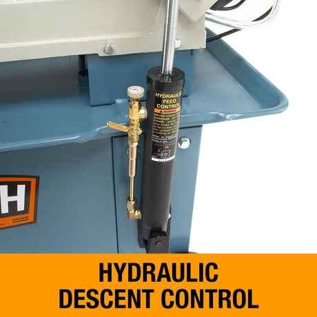 Hydraulic drop cylinder controls blade head descent on the Baileigh BS-712M