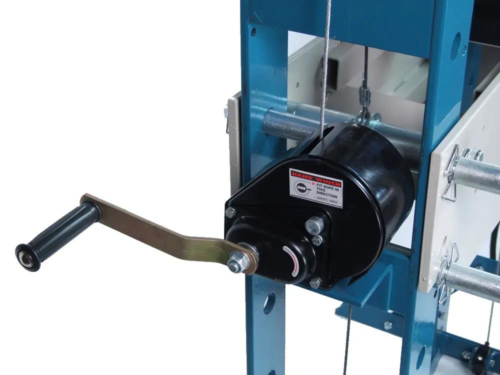 Hand winch raises and lowers the bed on the Baileigh HSP-50A