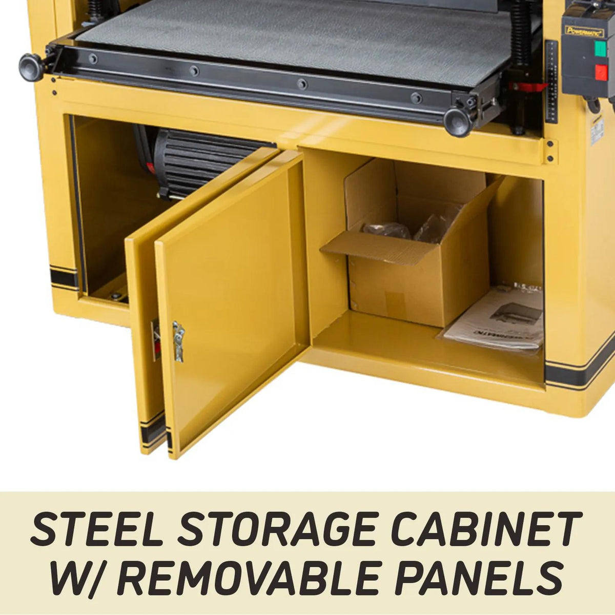 Heavy steel cabinet with storage on the Powermatic DDS-237