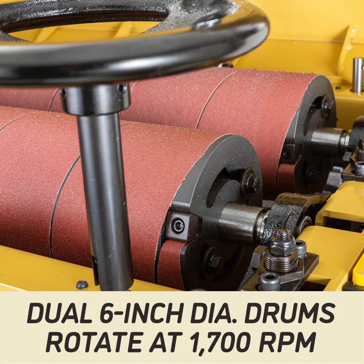 Dual steel sanding drums with hard durometer rubber coating on the Powermatic DDS-237