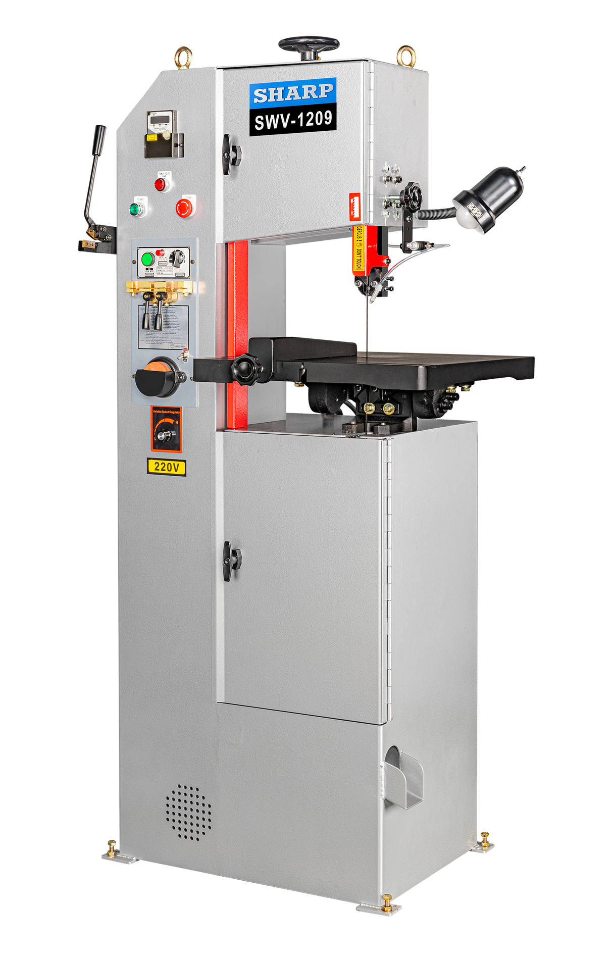 Sharp SWV-1209 vertical contour band saw with cast iron table and blade welder