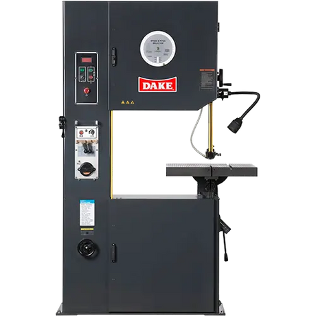 Dake V-26E vertical band saw with 26 inch throat and electronic power feed table