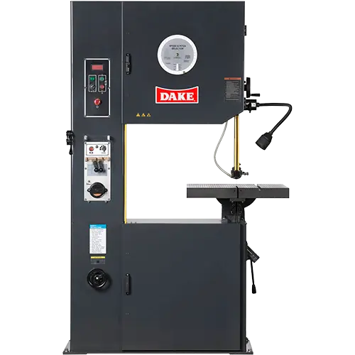 Dake V-26E vertical band saw with 26 inch throat and electronic power feed table